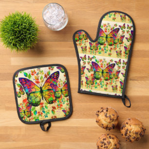 Ensemble De Gant De Cuisine Et De Manique Papillon Coloré Papillons