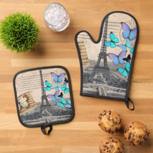 Ensemble De Gant De Cuisine Et De Manique Papillon de voyage vintage Paris Tour Eiffel