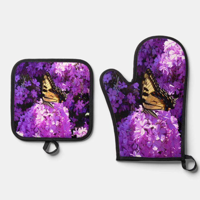 Ensemble De Gant De Cuisine Et De Manique Papillon et Phlox (Recto)