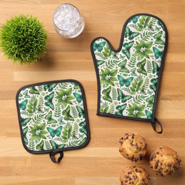Ensemble De Gant De Cuisine Et De Manique Papillons Bleu-Vert (De haut en bas)