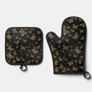 Ensemble De Gant De Cuisine Et De Manique Papillons glamés en or chic sur le noir