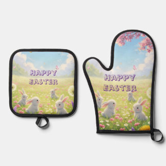 Ensemble De Gant De Cuisine Et De Manique Pâques Lavande Mignon Lapin Blanc Floral Printemps