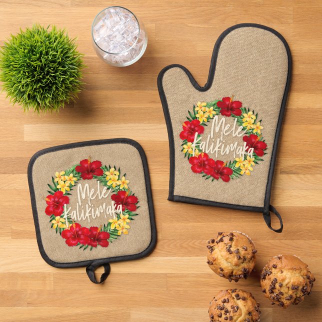 Ensemble De Gant De Cuisine Et De Manique Paradis Tropical Hawaiian Holiday Wreath Burlap (De haut en bas)