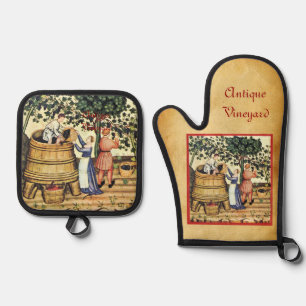 ENSEMBLE DE GANT DE CUISINE ET DE MANIQUE PARCHEMENT DE RÉCOLTE DE VIGNOBLES ANCIENS