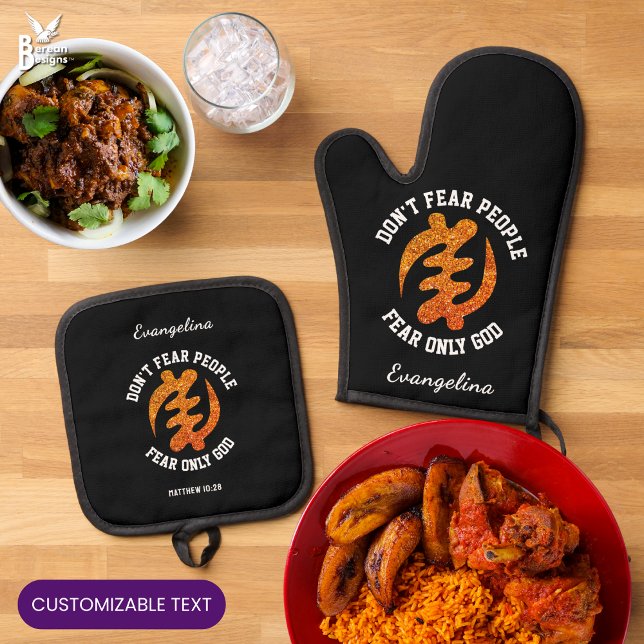 Ensemble De Gant De Cuisine Et De Manique Parties scintillant chrétienne GYE NYAME Adinkra A (Personalized GYE NYAME oven mit set with faux glitter and custom text. Ideal Ghana-inspired gift.)