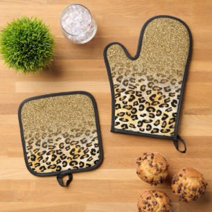 Ensemble De Gant De Cuisine Et De Manique Parties scintillant moderne Leopard Motif Gold  Om