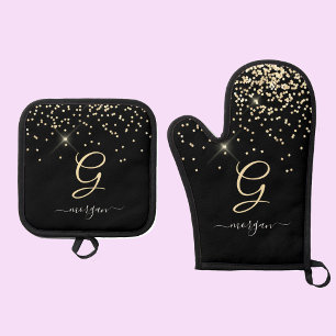 Ensemble De Gant De Cuisine Et De Manique Parties scintillant or & Monogramme Nom de script