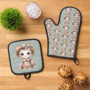 Ensemble De Gant De Cuisine Et De Manique Pastel Cottagecore Chat en boules et Casquette pai