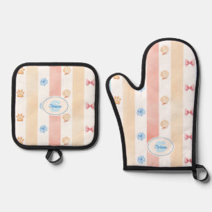 Ensemble De Gant De Cuisine Et De Manique Pastel Stripe - Empreintes de pattes, Fleur Bleue,