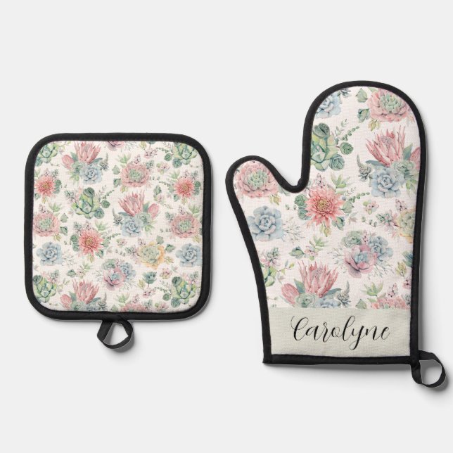 Ensemble De Gant De Cuisine Et De Manique Pastel Succulents et Fleurs Motif Personnalisé (Recto)
