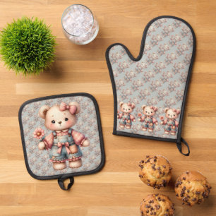 Ensemble De Gant De Cuisine Et De Manique Pastel Teddy Bear Holding Flower Wear Overalls