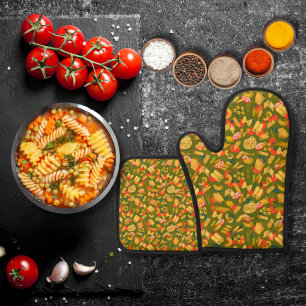 Ensemble De Gant De Cuisine Et De Manique Pâtes et légumes vert olive