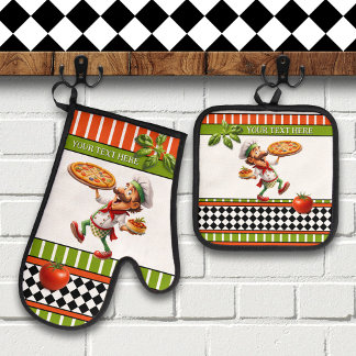 Ensemble De Gant De Cuisine Et De Manique Pâtissier italien heureux de pizza