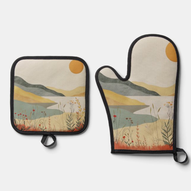 Ensemble De Gant De Cuisine Et De Manique Paysage Abstrait de Boho (25) (Recto)
