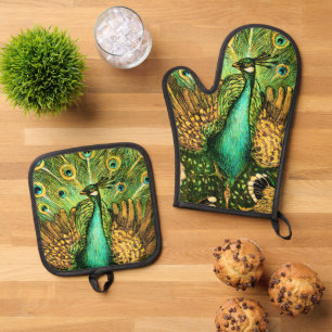 Ensemble De Gant De Cuisine Et De Manique Peacock et poulets Art nouveau néerlandais
