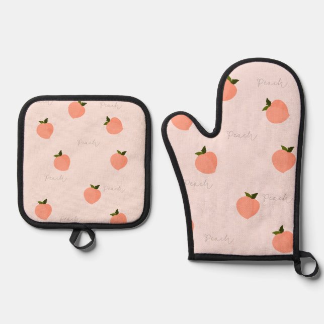 Ensemble De Gant De Cuisine Et De Manique Pêcher Pêche  (Recto)