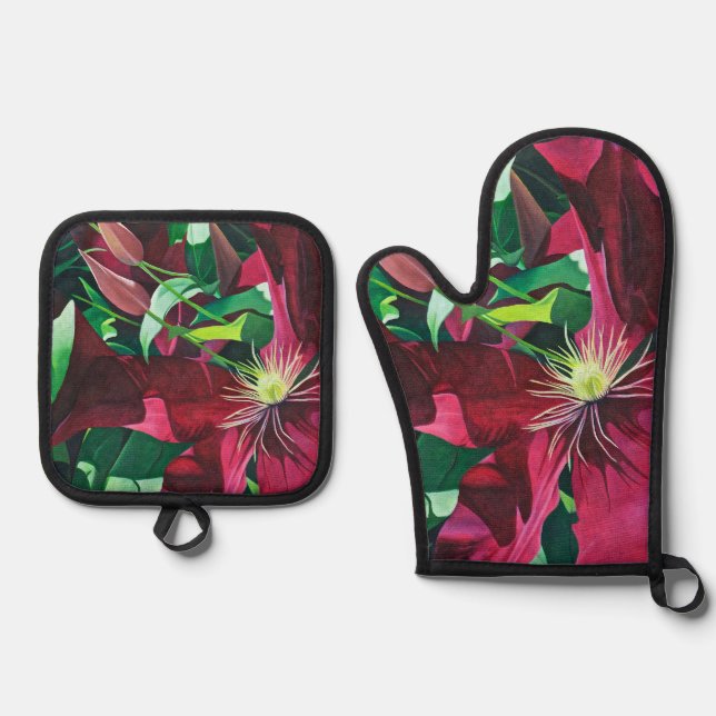 Ensemble De Gant De Cuisine Et De Manique Peinture Clematis Violet (Recto)