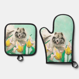 Ensemble De Gant De Cuisine Et De Manique Peinture de Keeshond dans les tulipes Joli Art Ori