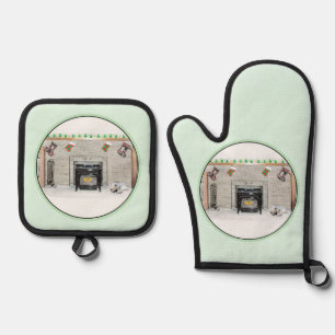 Ensemble De Gant De Cuisine Et De Manique Peinture de Keeshond Puppy de Noël près de la chem
