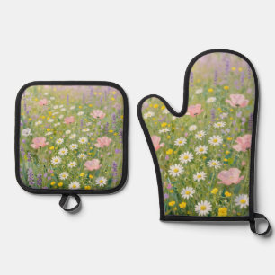 Ensemble De Gant De Cuisine Et De Manique Peinture de prairie de fleurs sauvages pastel