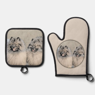 Ensemble De Gant De Cuisine Et De Manique Peinture Keeshond 2 Keeshonden Original Chien Art