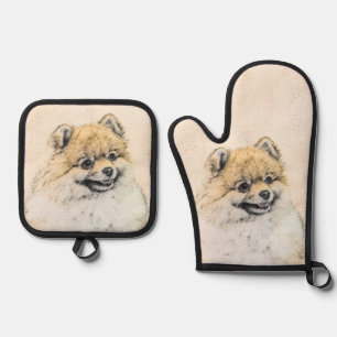 Ensemble De Gant De Cuisine Et De Manique Peinture Poméranienne Orange Pom Original Chien Ar