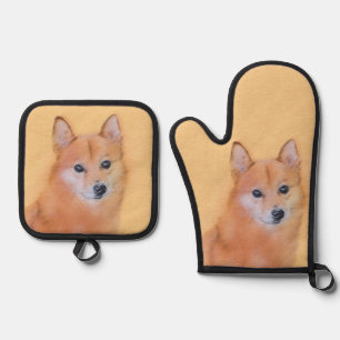Ensemble De Gant De Cuisine Et De Manique Peinture Spitz Finlandais Chien Original Mignon Ar