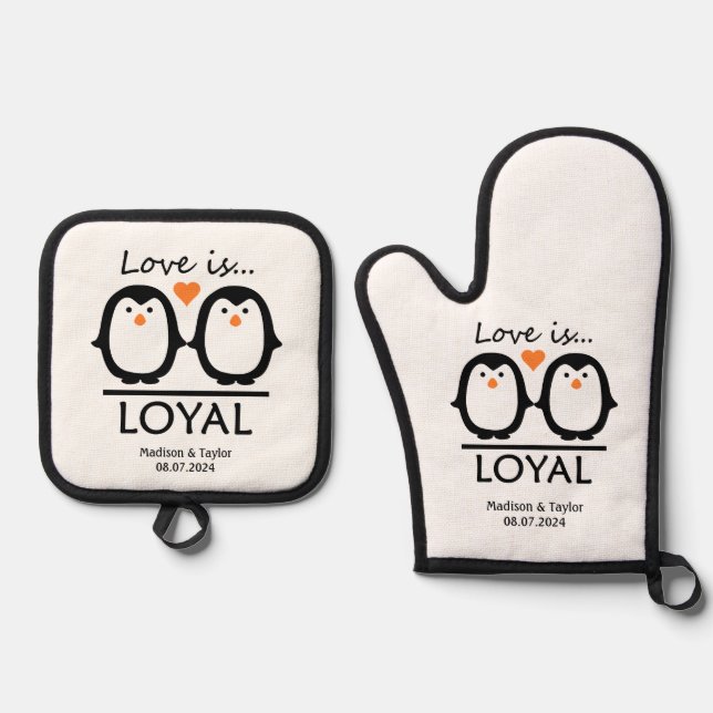 Ensemble De Gant De Cuisine Et De Manique Penguin Love noms et date personnalisés (Recto)