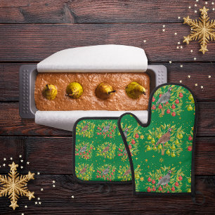 Ensemble De Gant De Cuisine Et De Manique Perdrix, poiriers et flocons de neige vert