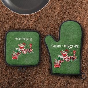 Ensemble De Gant De Cuisine Et De Manique Père Noël Conduit Festive Train de Noël Vert foncé