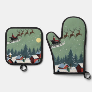 Ensemble De Gant De Cuisine Et De Manique Père Noël et son Sleigh