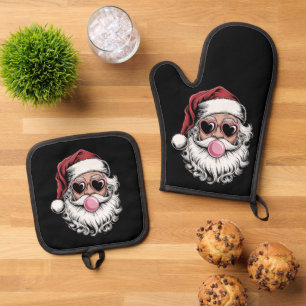Ensemble De Gant De Cuisine Et De Manique Père Noël Rétro Avec Lunettes Soufflant une Bulle