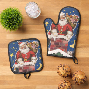 Ensemble De Gant De Cuisine Et De Manique Père Noël vintage, La Nuit avant Noël