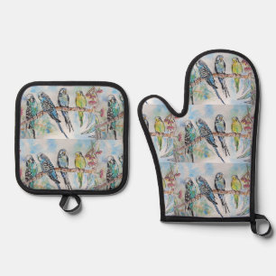 Ensemble De Gant De Cuisine Et De Manique Perroquets bleus Budgies Art Aquarelle Oiseaux