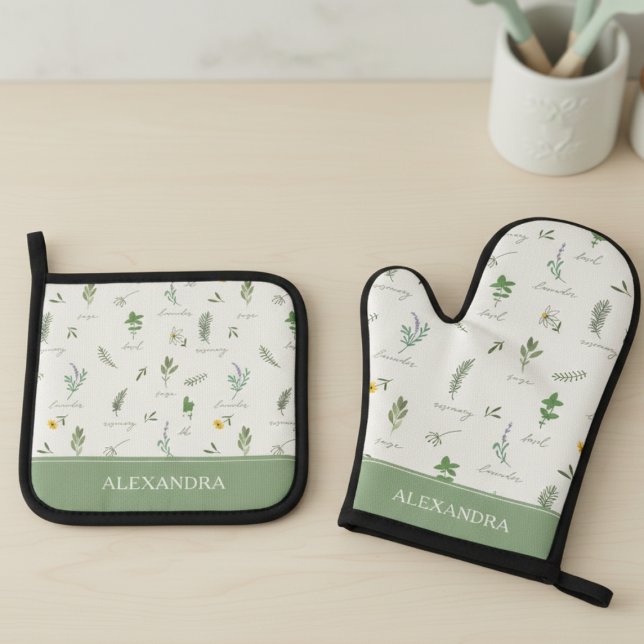 Ensemble De Gant De Cuisine Et De Manique Personalized Cute Botanical (sweet cottagecore sage green personalized oven mitt and pot holder set with custom name for chef)