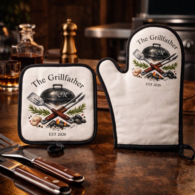 Ensemble De Gant De Cuisine Et De Manique Personalized Grillfather Monogram (Créateur téléchargé)