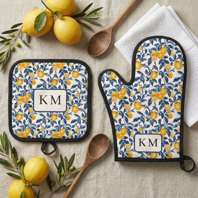Ensemble De Gant De Cuisine Et De Manique Personalized Mediterranean Lemon  (personalized monogram initials lemon mediterranean oven mitt and pot holder)