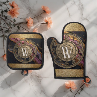 Ensemble De Gant De Cuisine Et De Manique Personalized Monogram Agate Pink Rustic Metal Luxe