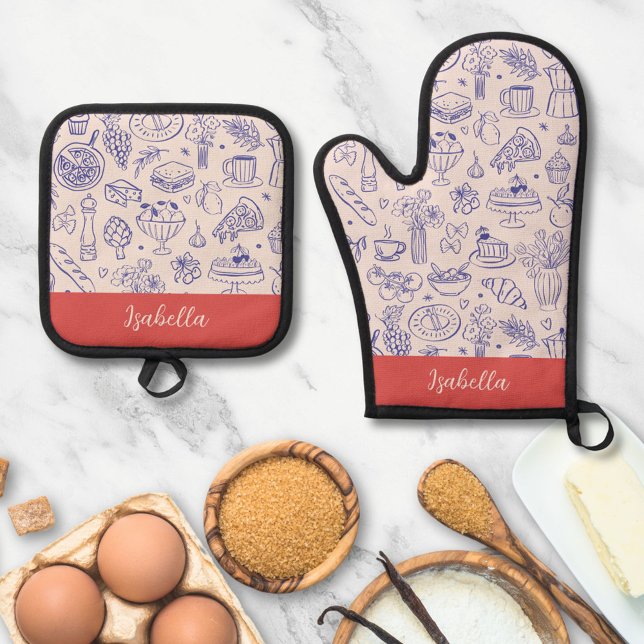 Ensemble De Gant De Cuisine Et De Manique Personalized Name Cute Hand Drawn Food (In situ)