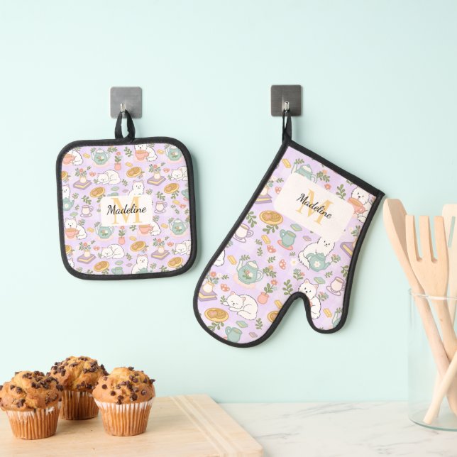 Ensemble De Gant De Cuisine Et De Manique Personalized Pastel Lavender Kitchen Tea Cats (In situ (suspendu))