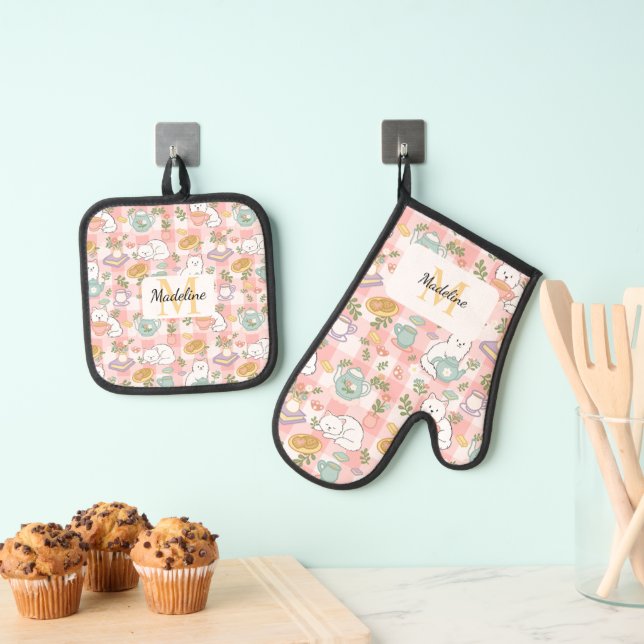 Ensemble De Gant De Cuisine Et De Manique Personalized Pastel Pink Kitchen Tea Cats (In situ (suspendu))