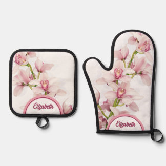 Ensemble De Gant De Cuisine Et De Manique Personnalisé Cymbidium rose orchidée florale