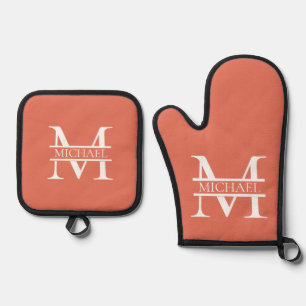 Ensemble De Gant De Cuisine Et De Manique Personnalisé Elegant Terracotta Monogramme et nom