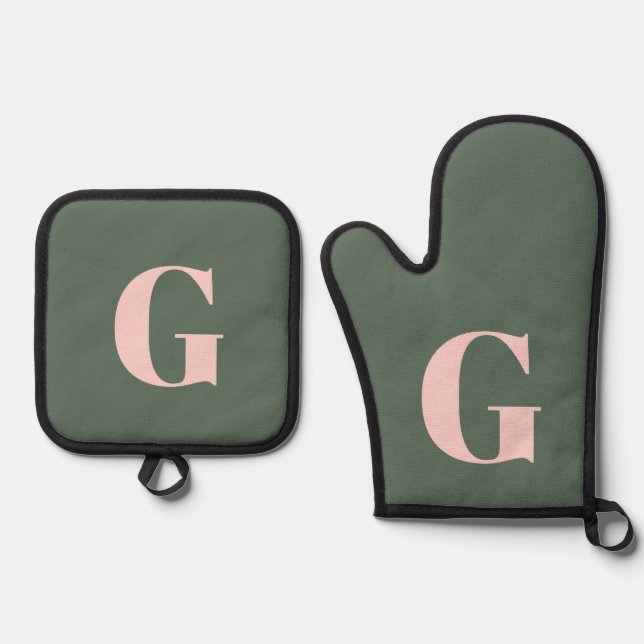 Ensemble De Gant De Cuisine Et De Manique Personnalisé Simple Bold Monogramme rose et vert (Recto)