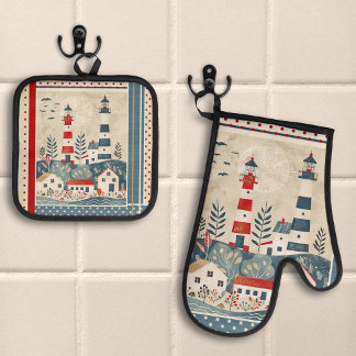 Ensemble De Gant De Cuisine Et De Manique Phare Retro Boho Nautique