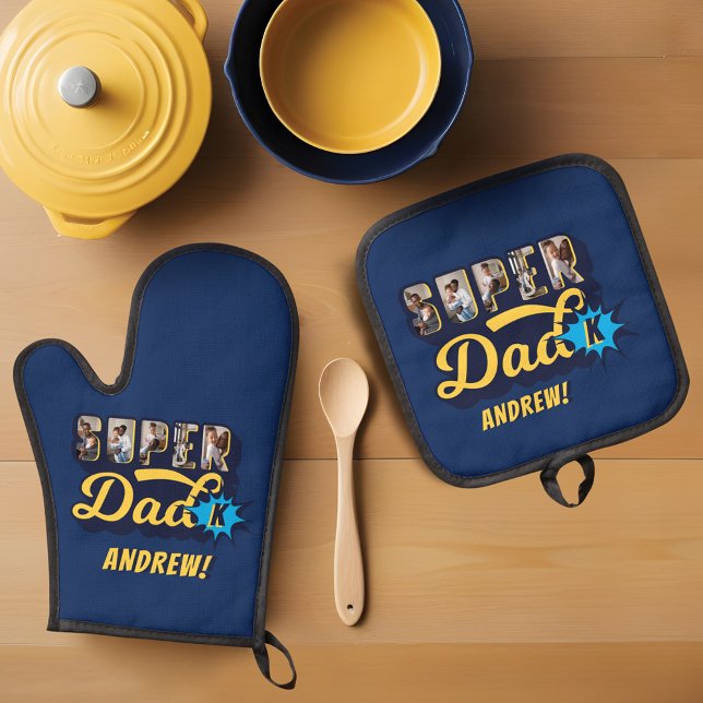 Ensemble De Gant De Cuisine Et De Manique Photos personnalisées Super Papa Superhero Monogra (Super Dad Custom Photos Superhero Monogram Oven Mitt & Pot Holder Set)