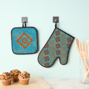 Ensemble De Gant De Cuisine Et De Manique Pics de montagnes du Sud-Ouest Turquoise Géométriq