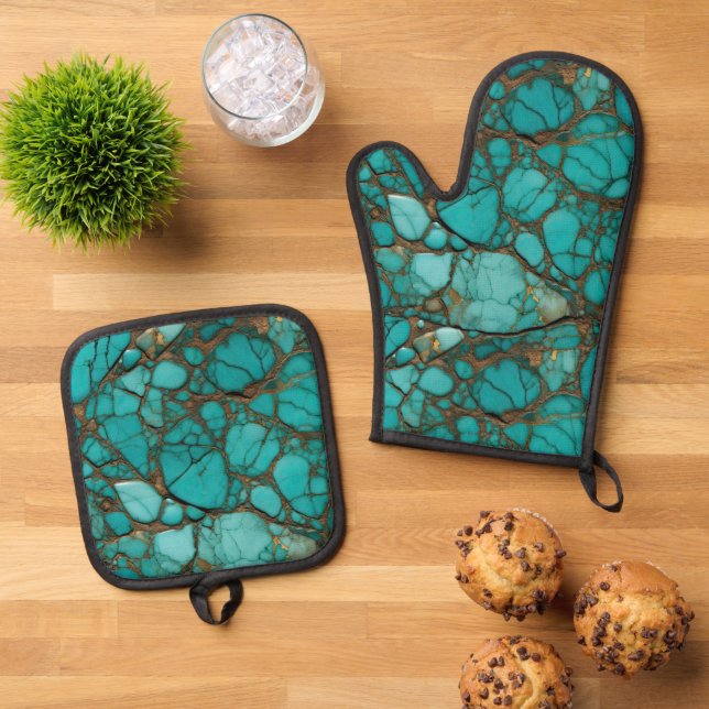 Ensemble De Gant De Cuisine Et De Manique Pierres turquoise (De haut en bas)
