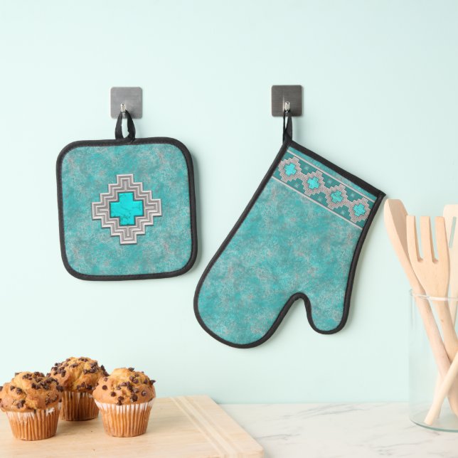 Ensemble De Gant De Cuisine Et De Manique Pierres Turquoise Sud-Ouest Motif géométrique (In situ (suspendu))