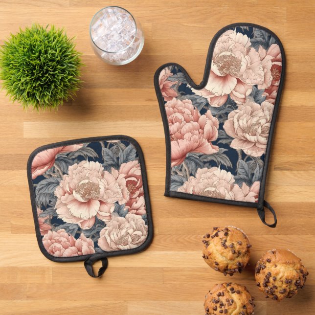 Ensemble De Gant De Cuisine Et De Manique Pies roses (De haut en bas)